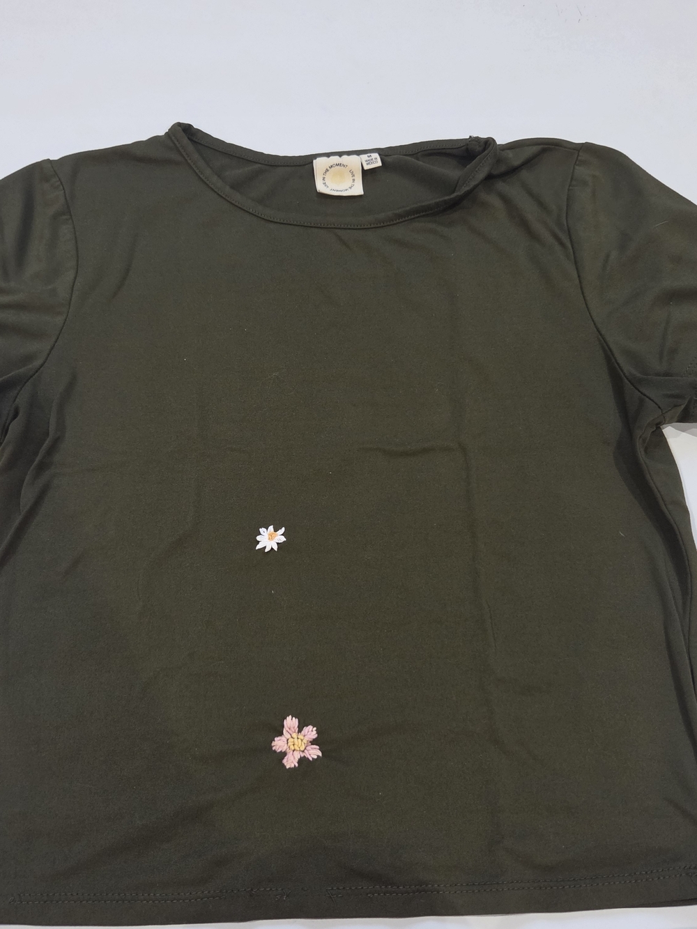 Women’s Olive Short Sleeve Tee with Floral Embroidery